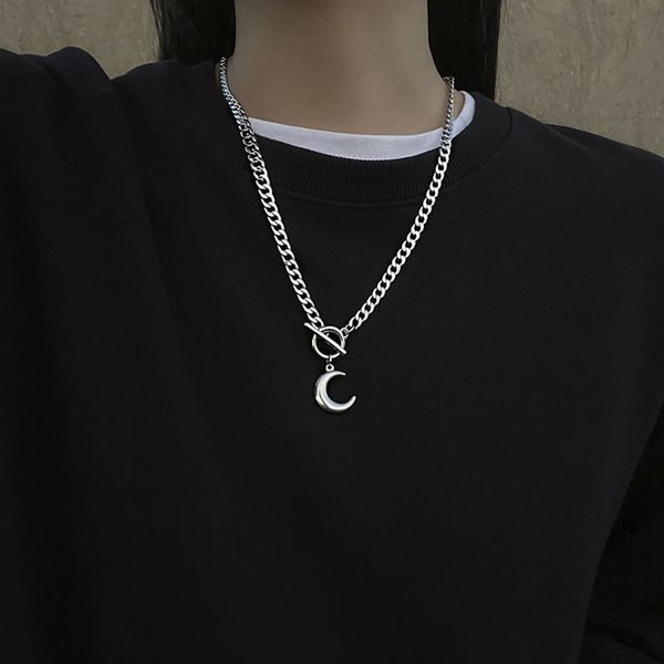 Titanium Steel Necklace Moon Pendant Moon Necklace Men and Women Punk Retro Street Colorless Clavicle Chain - Shop Trendy Women's Fashion | TeeYours