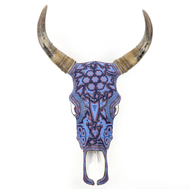 (H3) Huichol Beaded Bull Skull Wall Mount Mexican Folk Art