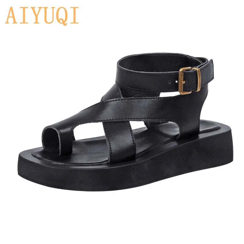 Christmas Gift Sandals Women Genuine Leather 2022 Summer New Clip Toe Sandals Ladies Roman Women Shoes Muffin Sandals