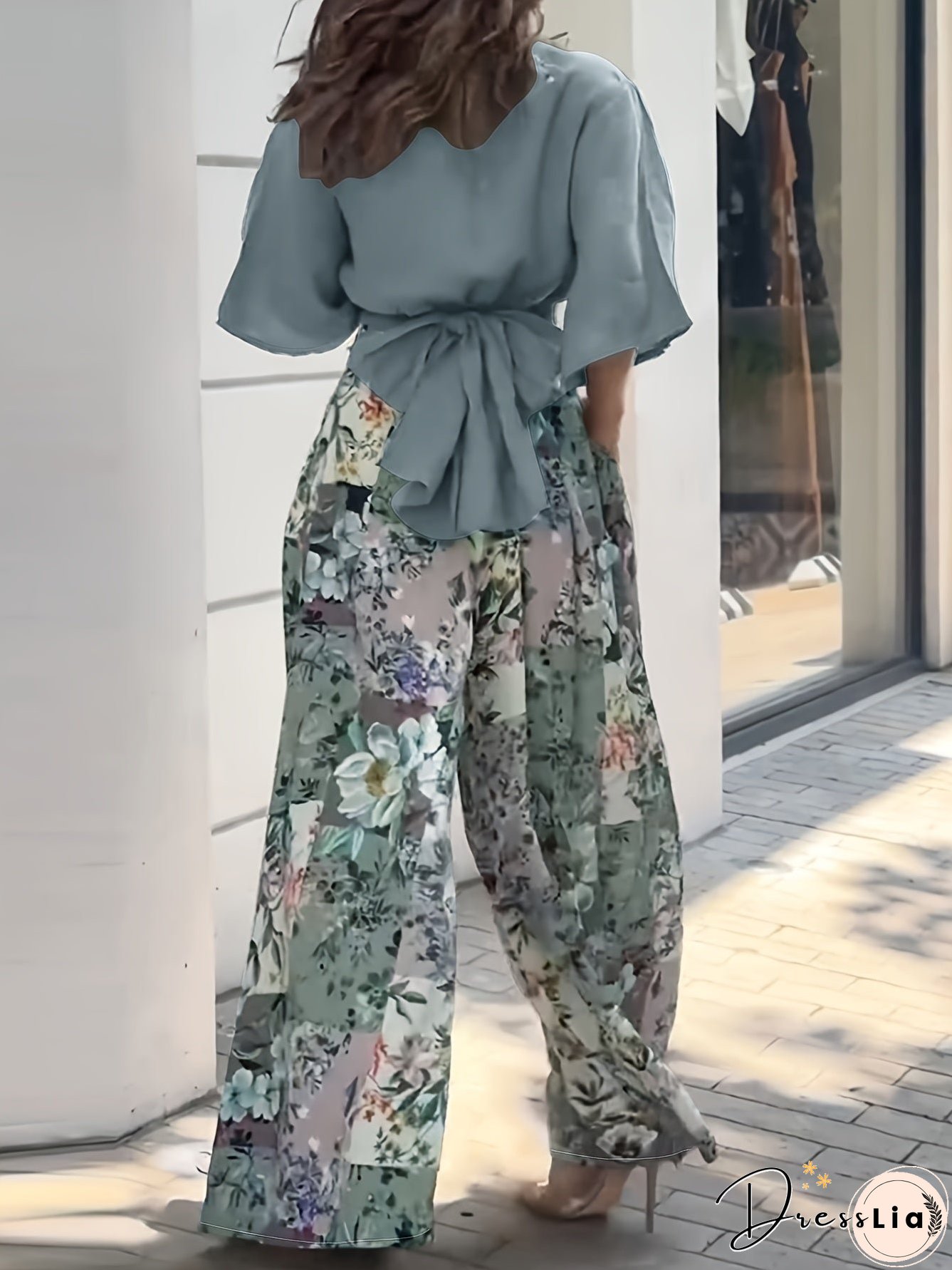 Plus Size Floral Print Two-piece Set, V Neck Twist Front 3/4 Sleeve Top & High Waist Pants Outfits, Women's Plus Size Clothing