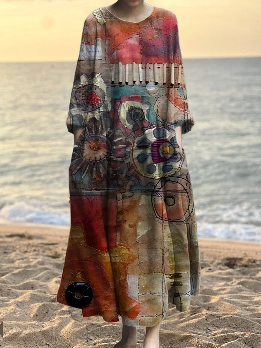 Women's Hippie Watercolor Doodle Art Print Pocket Cotton Dress