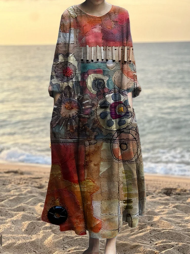 Women's Hippie Watercolor Doodle Art Print Pocket Cotton Dress