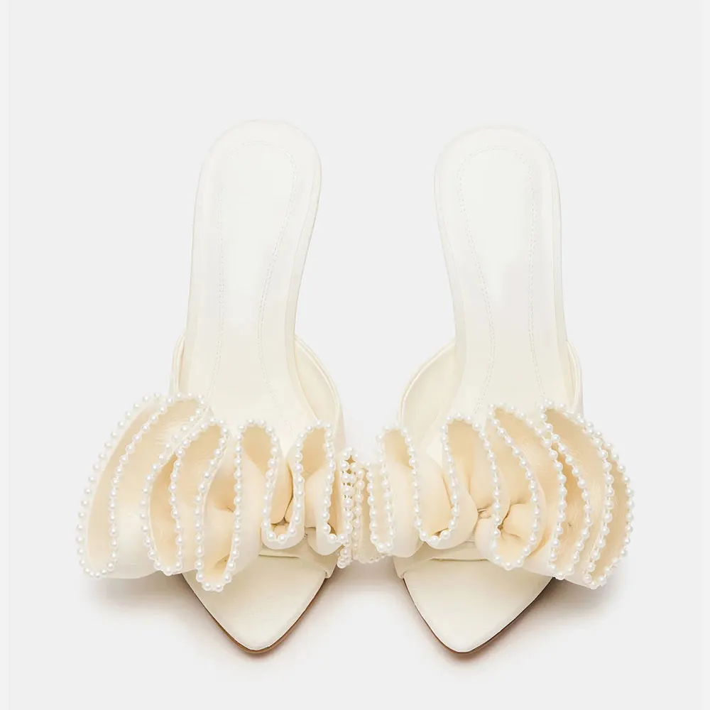 Ivory Satin Pointed Toe Stiletto Heel Ruffle Pearl Mules Shoes