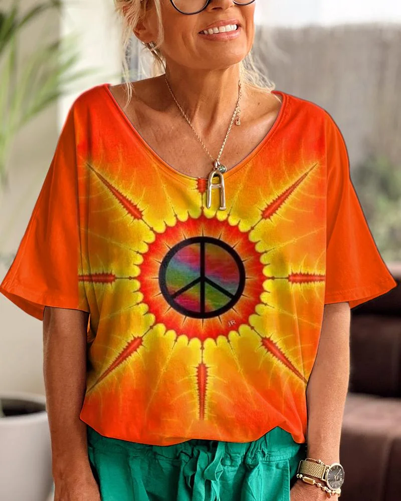 Hippie Orange Sun Daily Casual V Neck T-shirt
