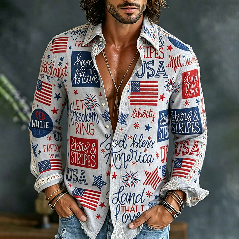  Men's Floral Flag Striped Art Print Flowy Linen Blend Shirt Westsshops
