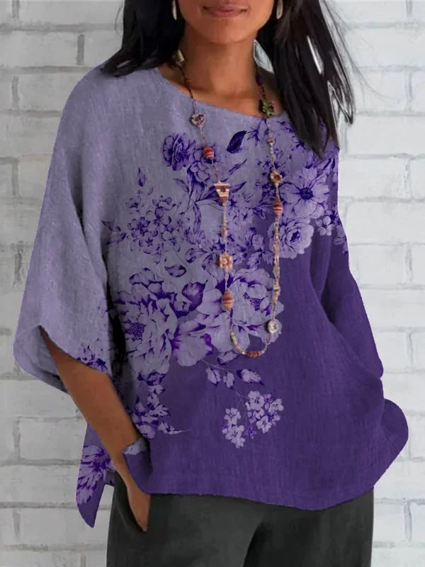 Women's Purple Flower Print Round Neck Loose Shirt