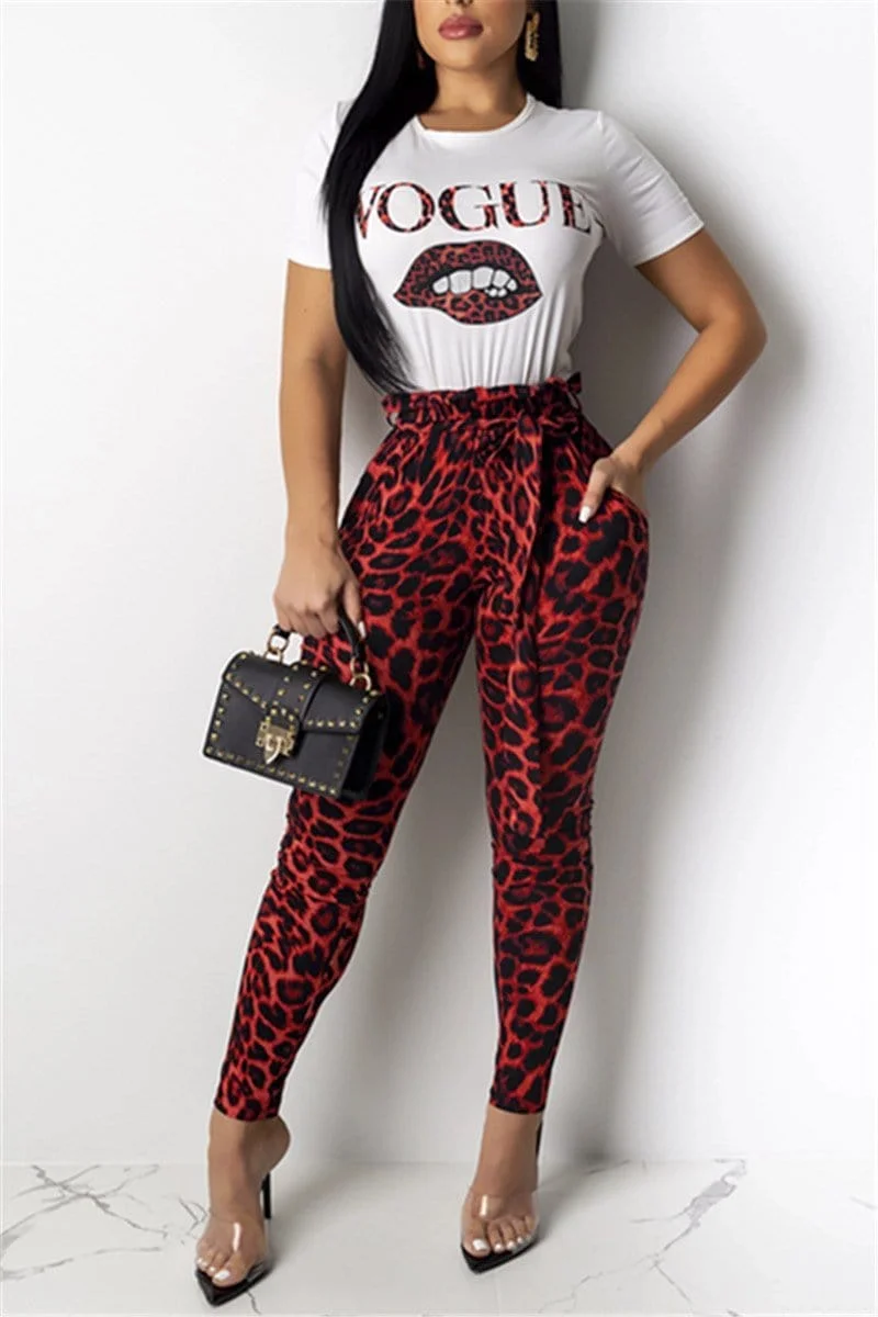 Casual Lip Letter Leopard Print Two-Pieces