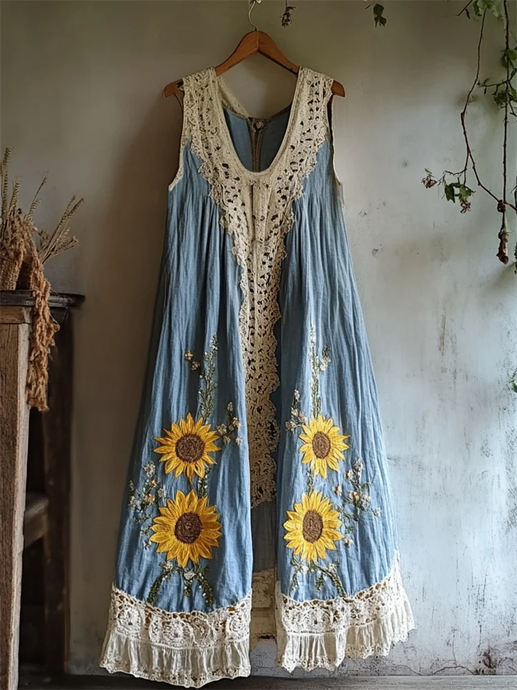 Boho Sunflowers Embroidered Lace Patchwork Linen Dress