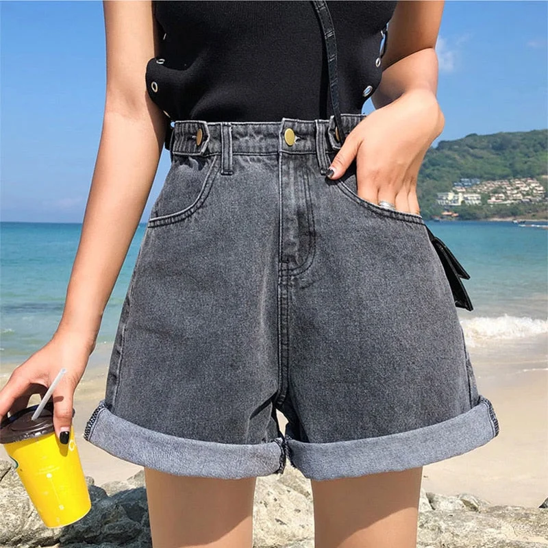 FTLZZ New Summer Women High Waist Wide Leg Denim Shorts Casual Female Loose Fit Streetwear Solid Color Straight  Jeans Shorts