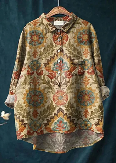 Women's Vintage Lovely Floral Art Print Casual Cotton And Linen Shirt