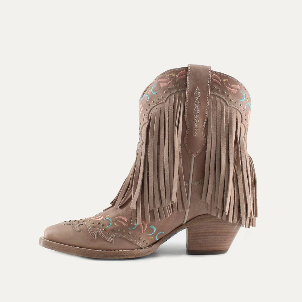 Light Brown Studded Snip Toe Fringe Embroidery Western Boots for Women