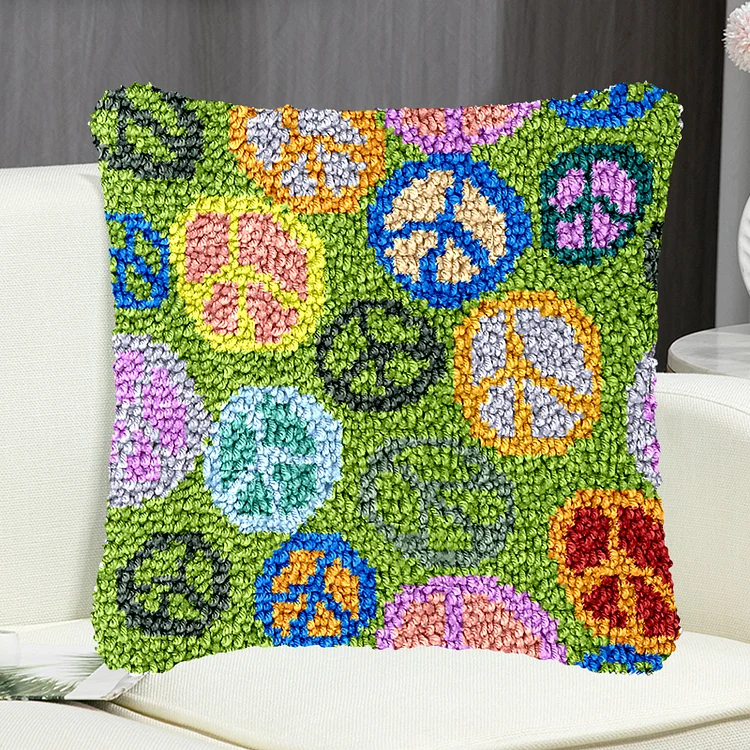Peace Sign Green Pillowcase Latch Hook Kit for Adult, Beginner and Kid veirousa
