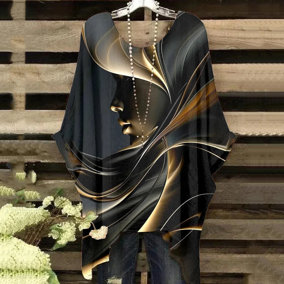 Vintage Round Neck Blonde Wave Brown Girl Irregular Shirt