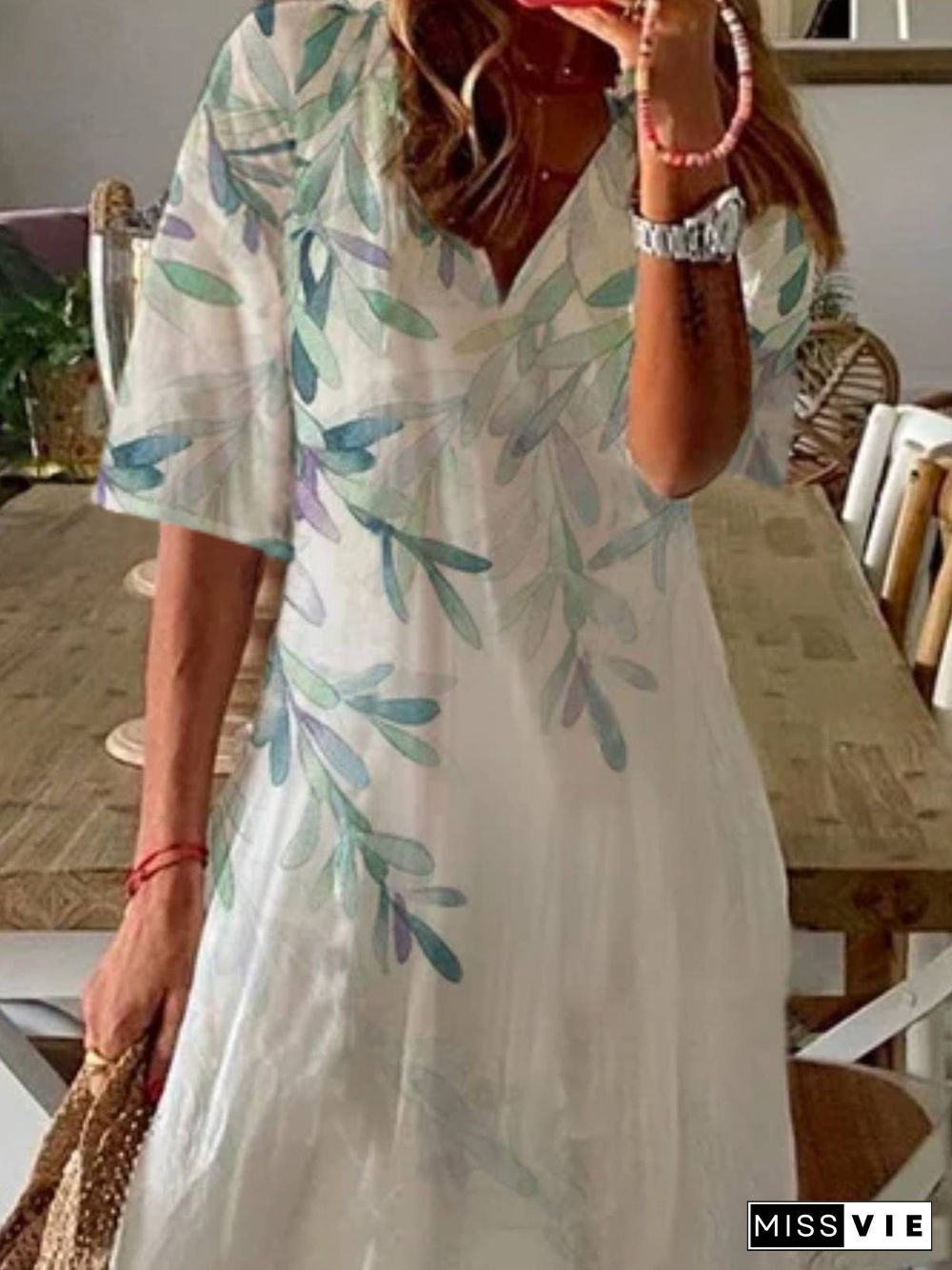 V Neck Plants Short Sleeve Casual Dress