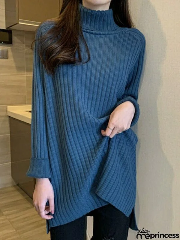Casual Long Sleeves Loose Split-Side Solid Color High-Neck Sweater Tops