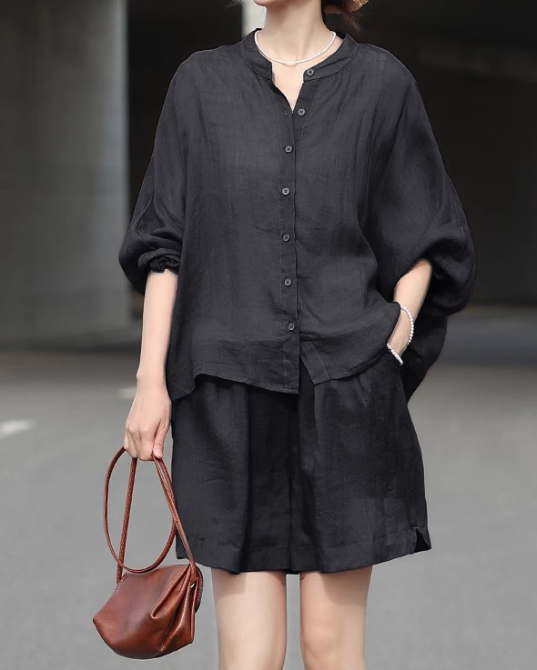 Stand Up Collar Batwing Sleeve Shirt & Shorts Solid Color Set