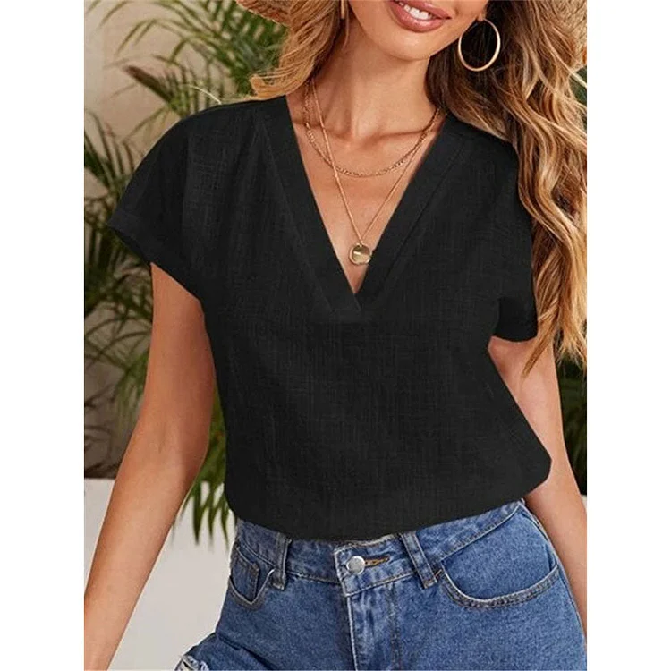 Cotton Linen Women's V-Neck Solid Color Short Sleeve Shirt socialshop