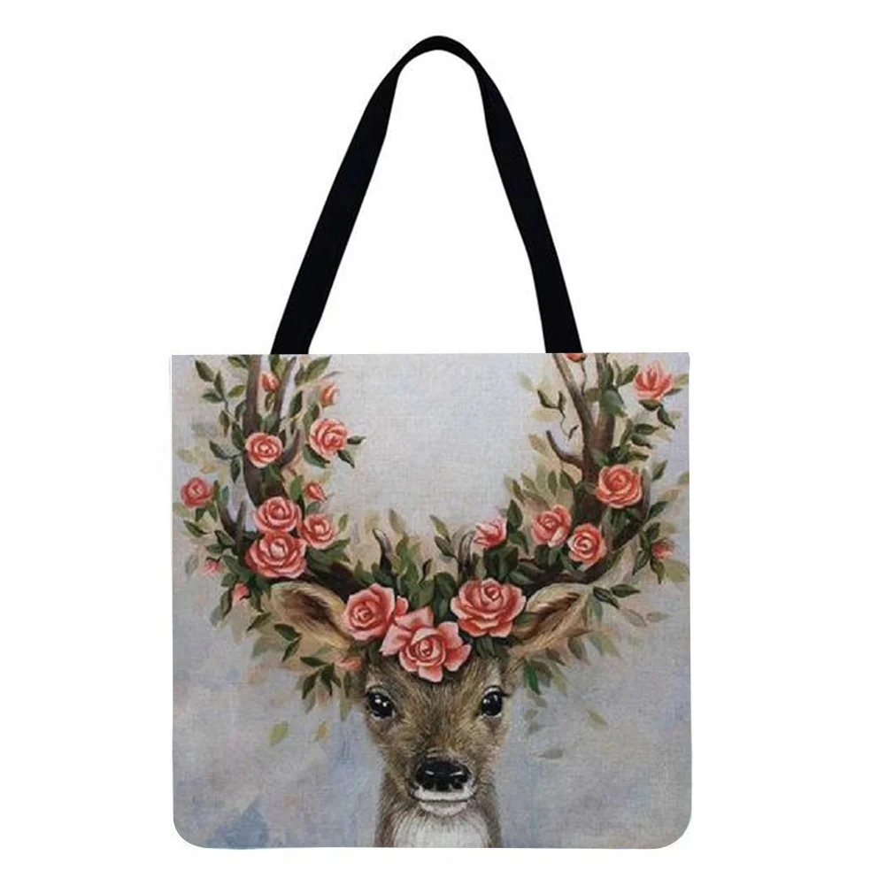 Linen Tote Bag-Deer wreath