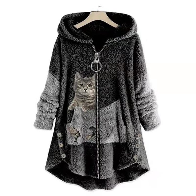 Round Neckline Animal Sweater Pockets Buttons Shift Hooded Sweaters