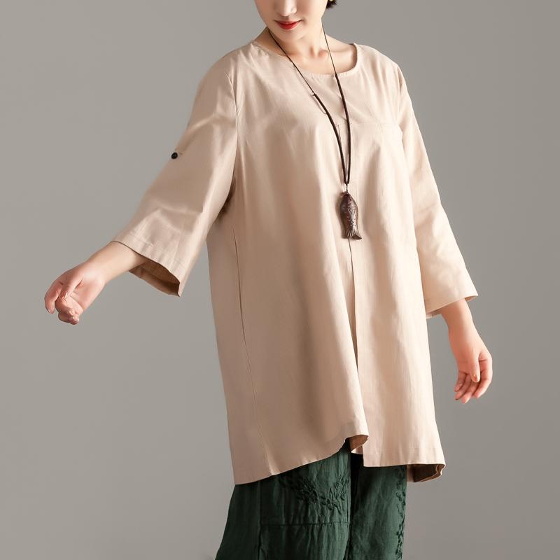Elegant pure cotton tops oversize Casual Short Sleeve Khaki Pocket Long Tops