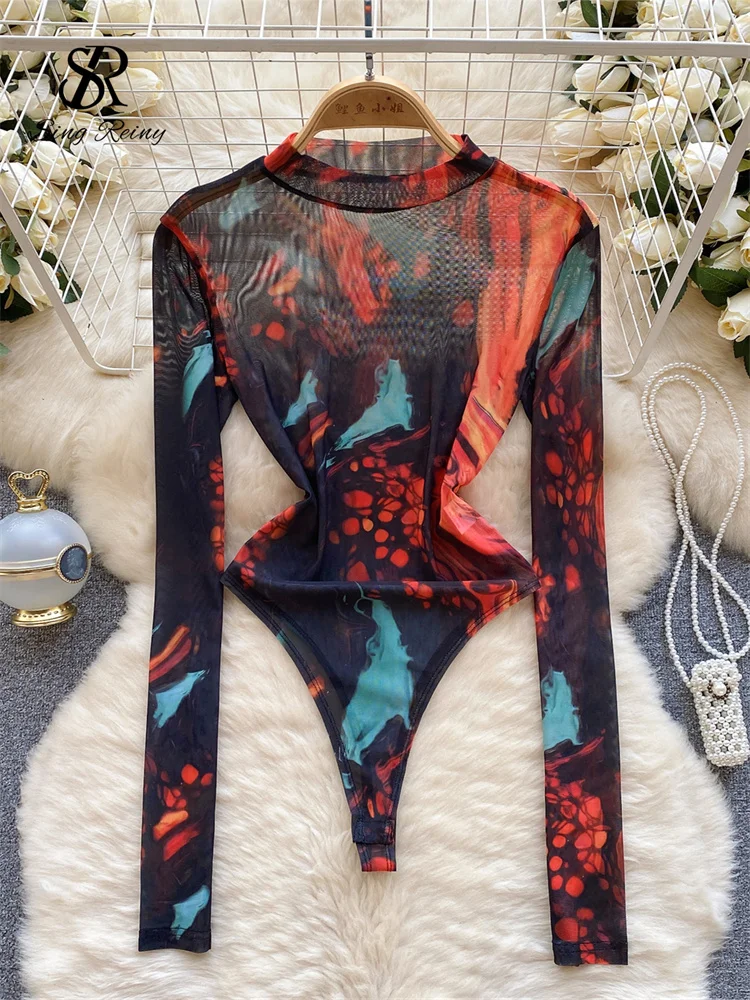 Huibahe Tie Dye Sheer Sensual Bodysuits Women O Neck Long Sleeves Transparent Slim Blouse Fashion Y2K Mesh Print Playsuits
