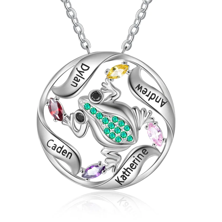 Personalized Frog Necklace with 4 Birthstones Engraved Names for Women