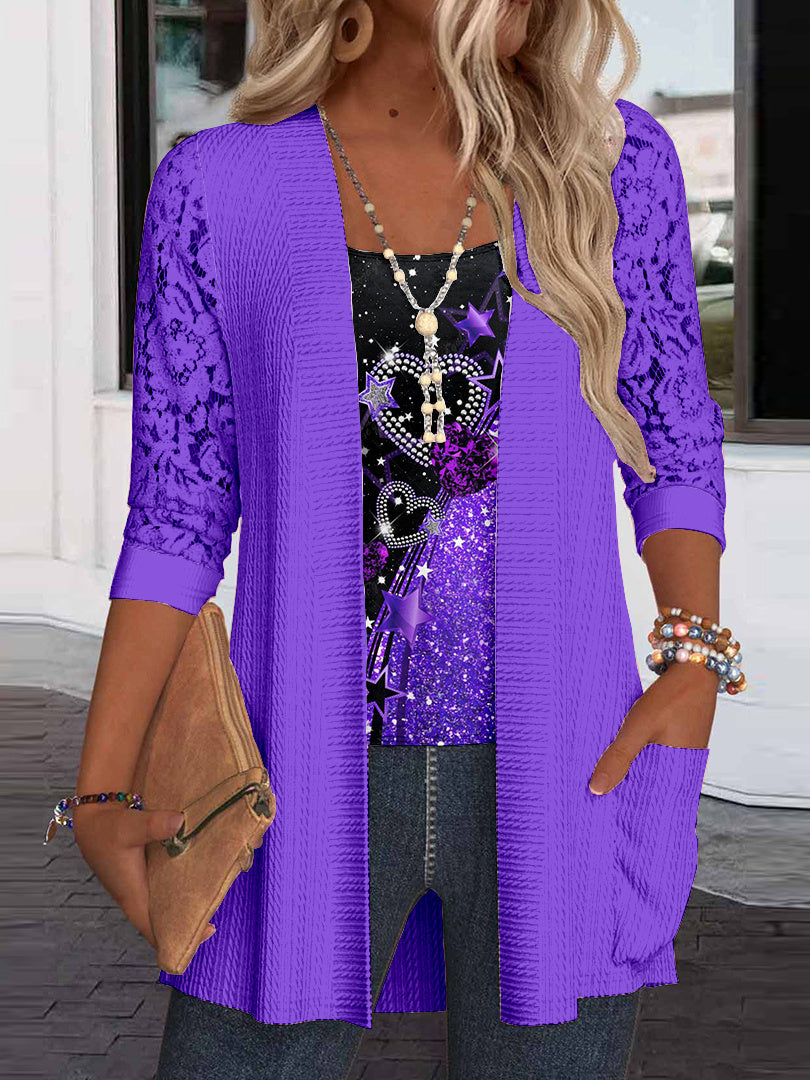 Women Long Sleeve Scoop Neck Love Printed Printed Graphic Pockets Lace Two-Pieced Tops