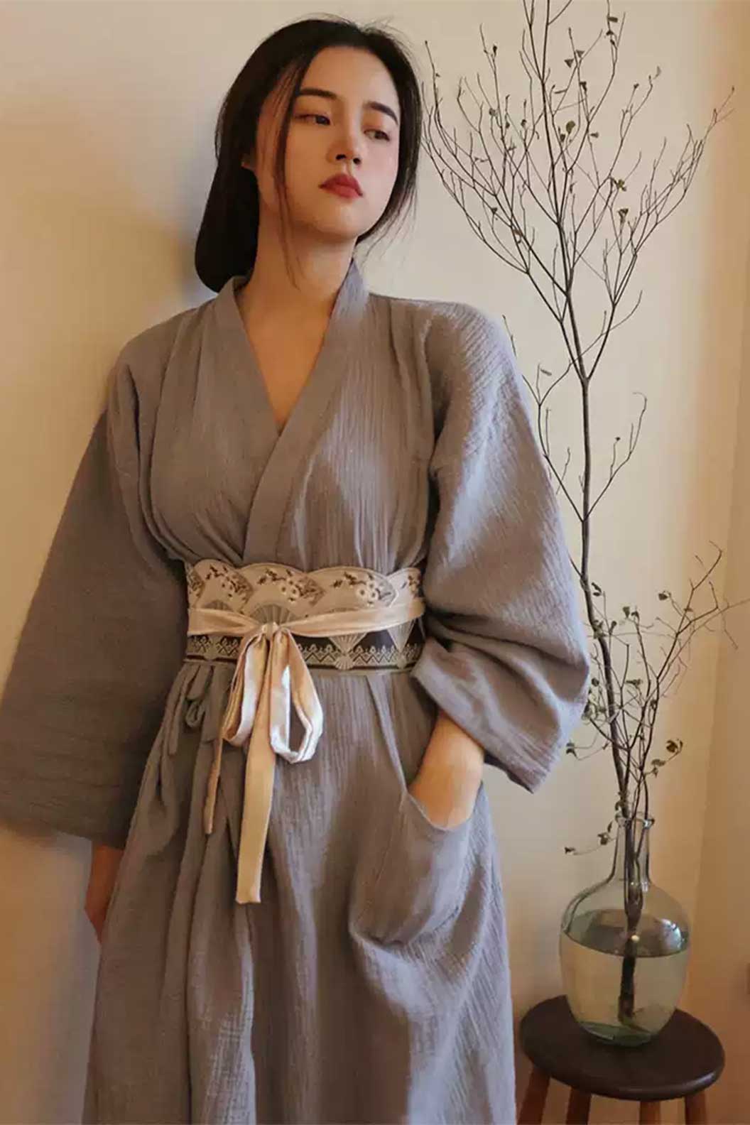 Kimono Robe 100% Cotton Two-tone Cardigan -げんだい ゆうごう まつり Stupa Stones