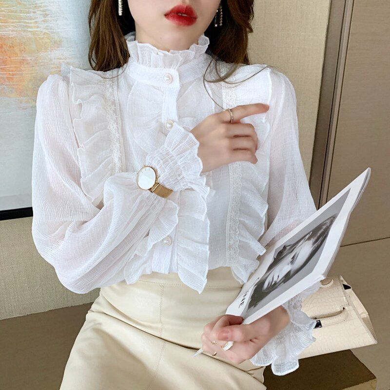 Korean Ruffle Lace Chiffon Shirt Elegant Sweet Chic Long Puff Sleeve Women Blouse Apricot Tops Stand Collar Clothes Blusas 13433