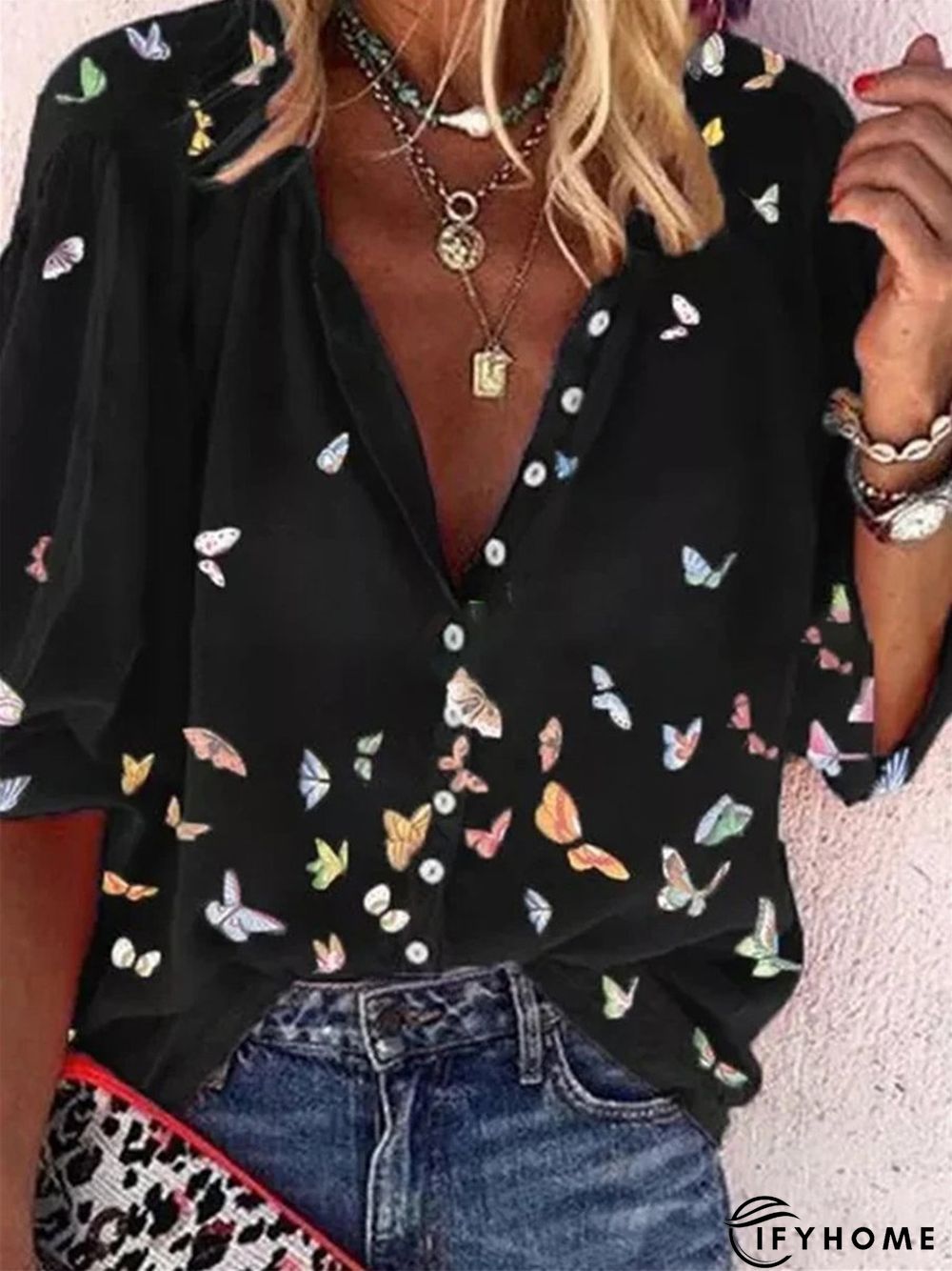 Colorful Butterfly Print Chiffon Long Sleeve Shirt | IFYHOME