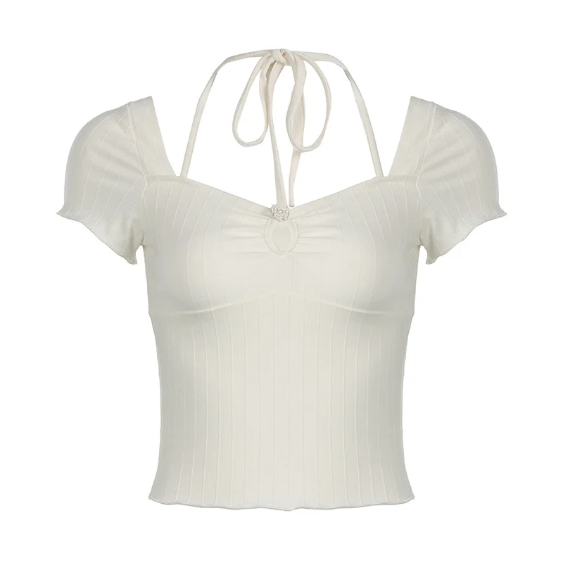 Ueong And Spicy Square Collar Suspender Short-Sleeved Blouse Women's Chest Hollowed-Out Pleated Slim T-Shirt Knitted By Young Girls
