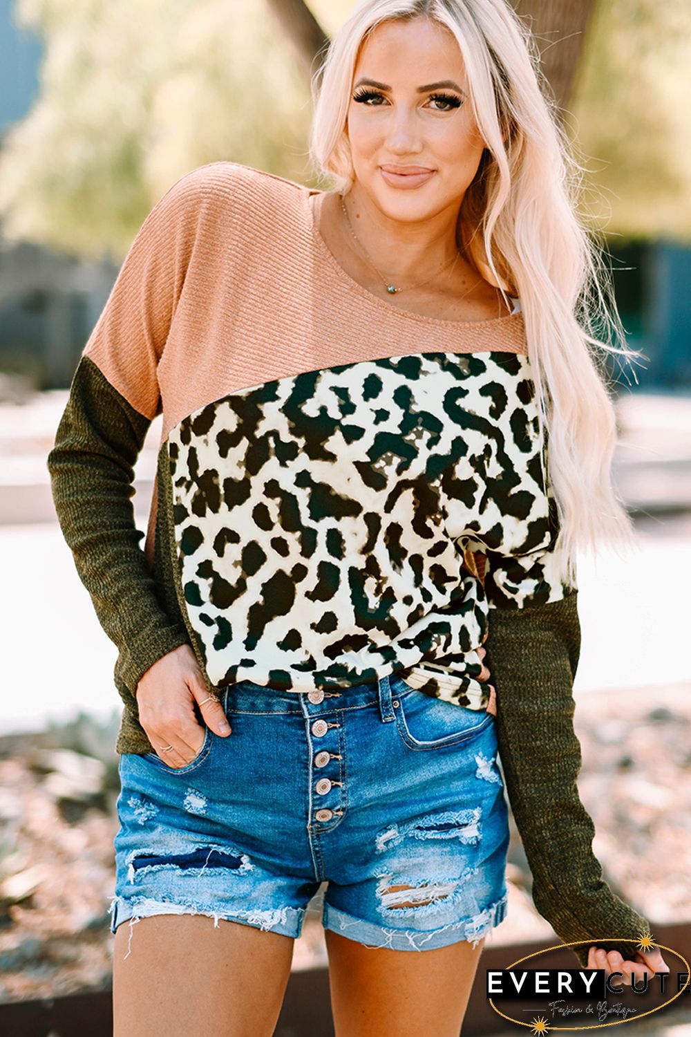 Multicolor Leopard Color Block Long Sleeve Knit Top