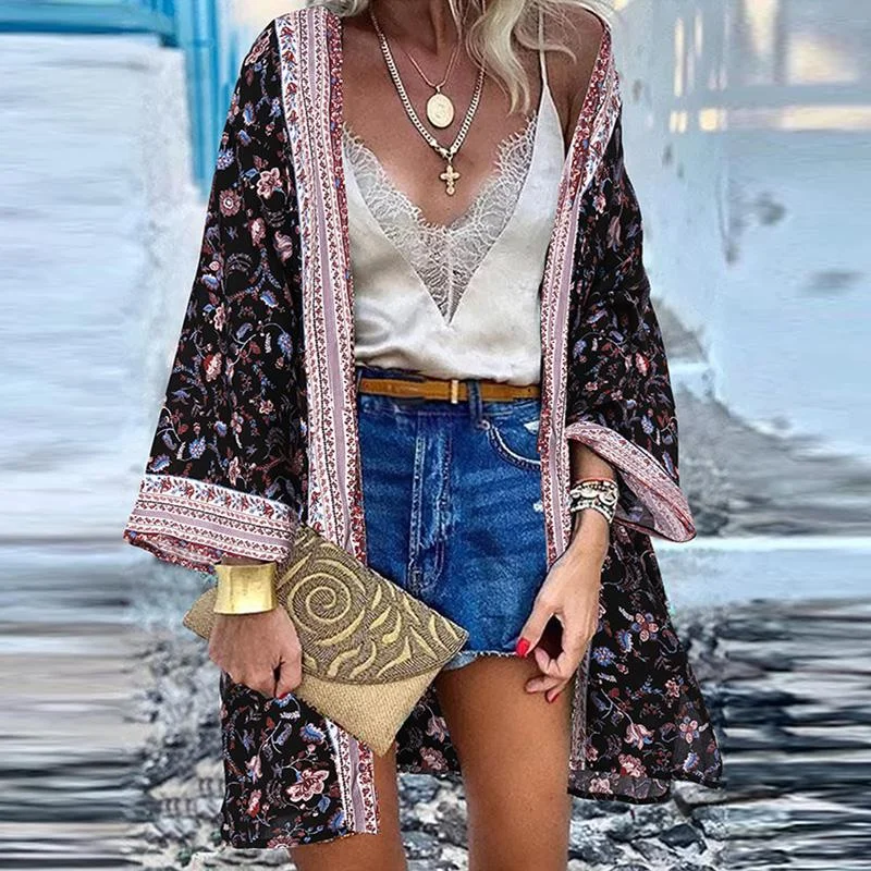 ZANZEA Women Bohemian Summer Long Sleeve Open Front Blouse Fashion Beach Cover Ups Kimono Tops Floral Printed Long Cardigan