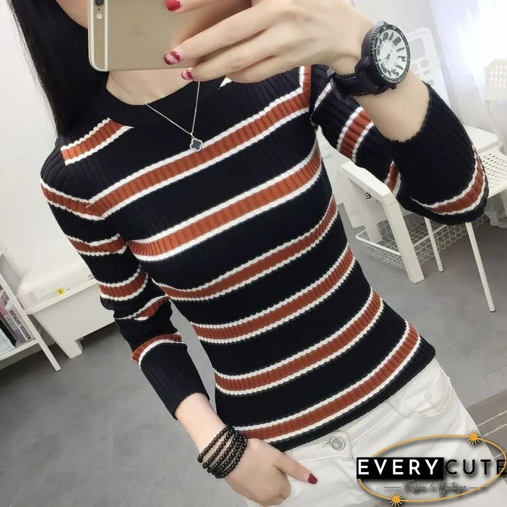 Fall New Neck Striped Sweater Women Korean Fashion Long Sleeve Pullovers Female Slim Fit