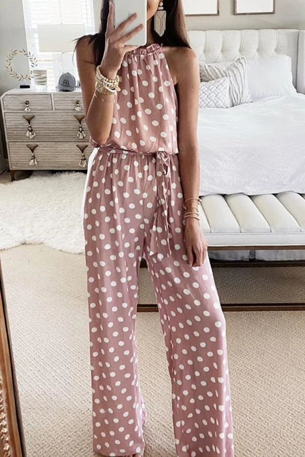 Womens Polka Dot Halter Neck Jumpsuit(With Belt)-Allyzone-Allyzone
