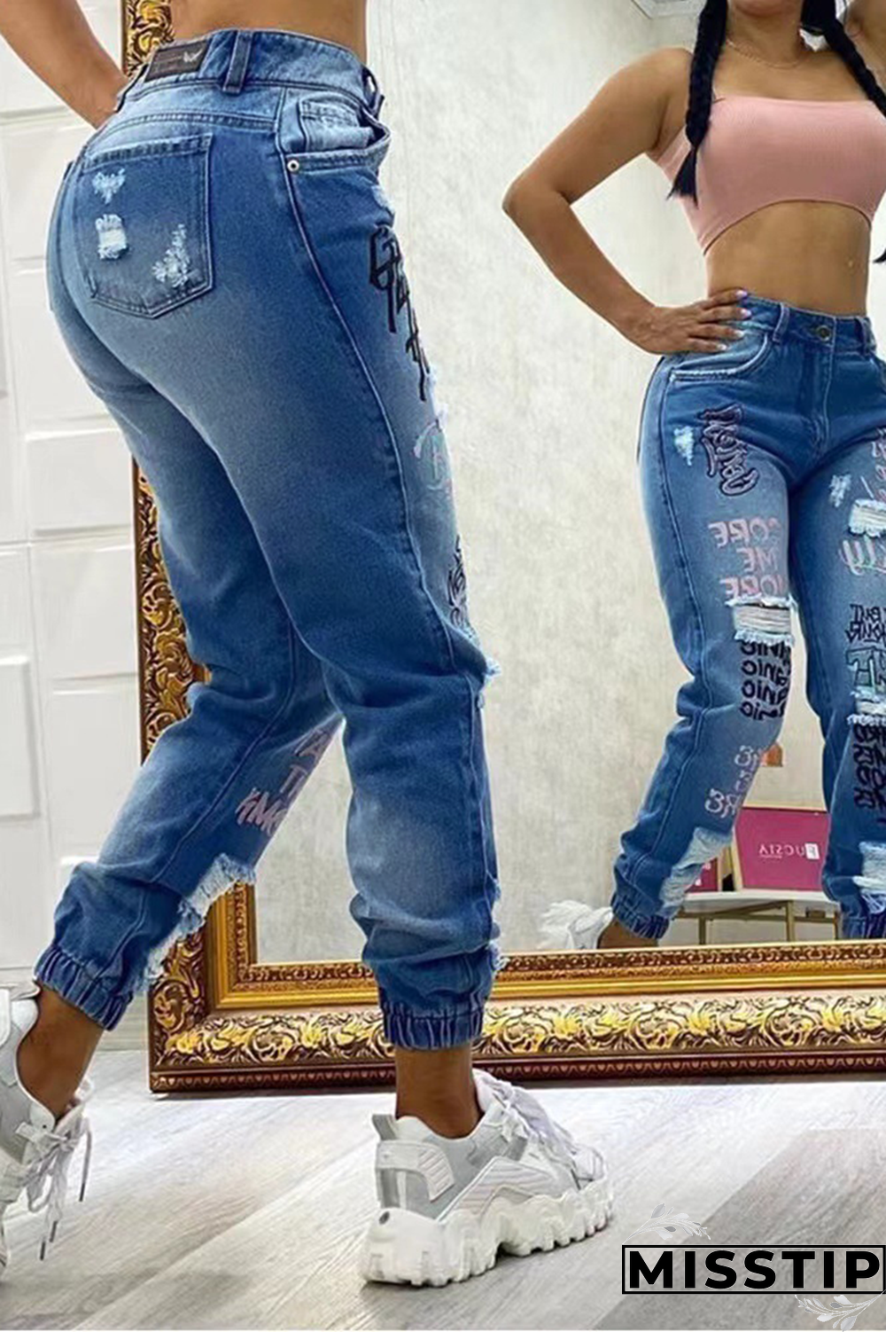 Blue Casual Patchwork Ripped High Waist Harlan Denim Jeans