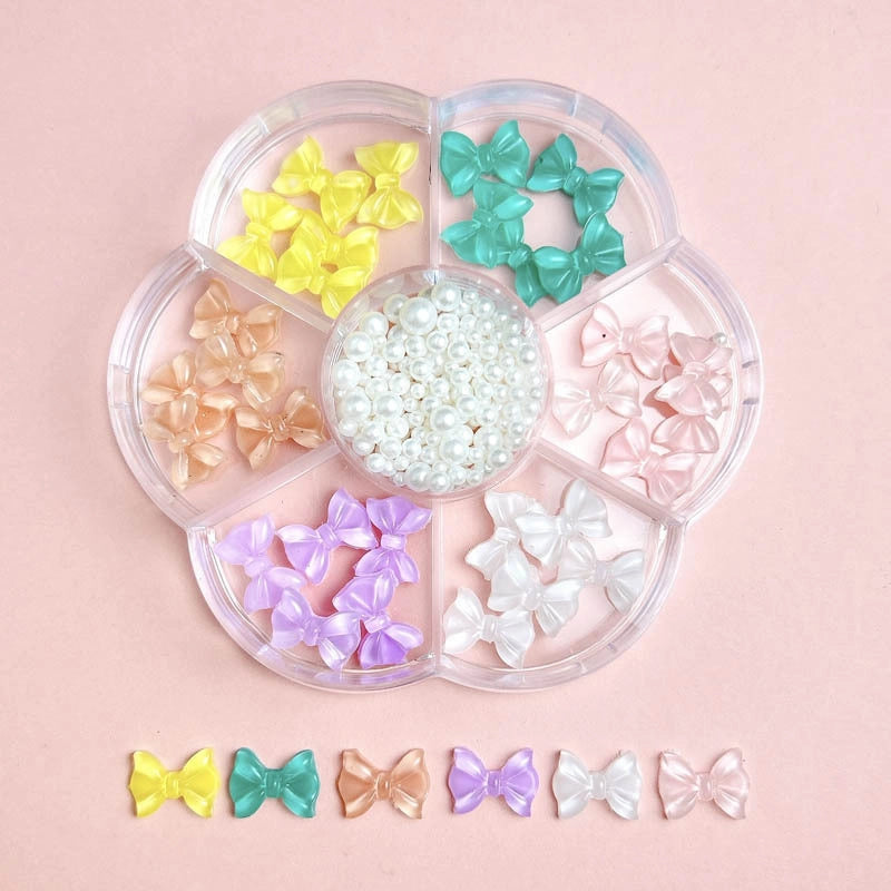 7-Grid Mixed Bow Pearl Nail Beauty Ornament Girl’s Style Mini Small Bow Tie Nail Material Package Box