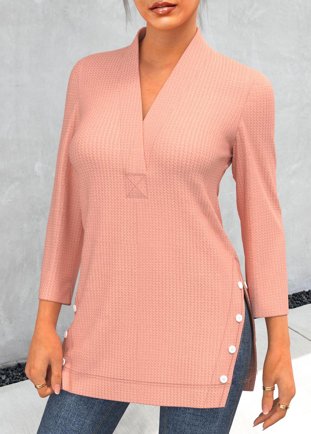 Decorative Button Side Slit Pink Waffle Knit T Shirt