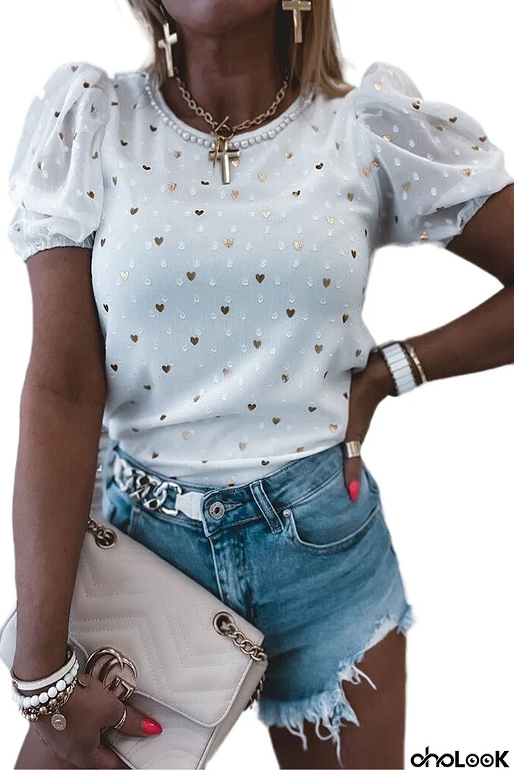 Dotted Heart Print Puff Sleeve Top