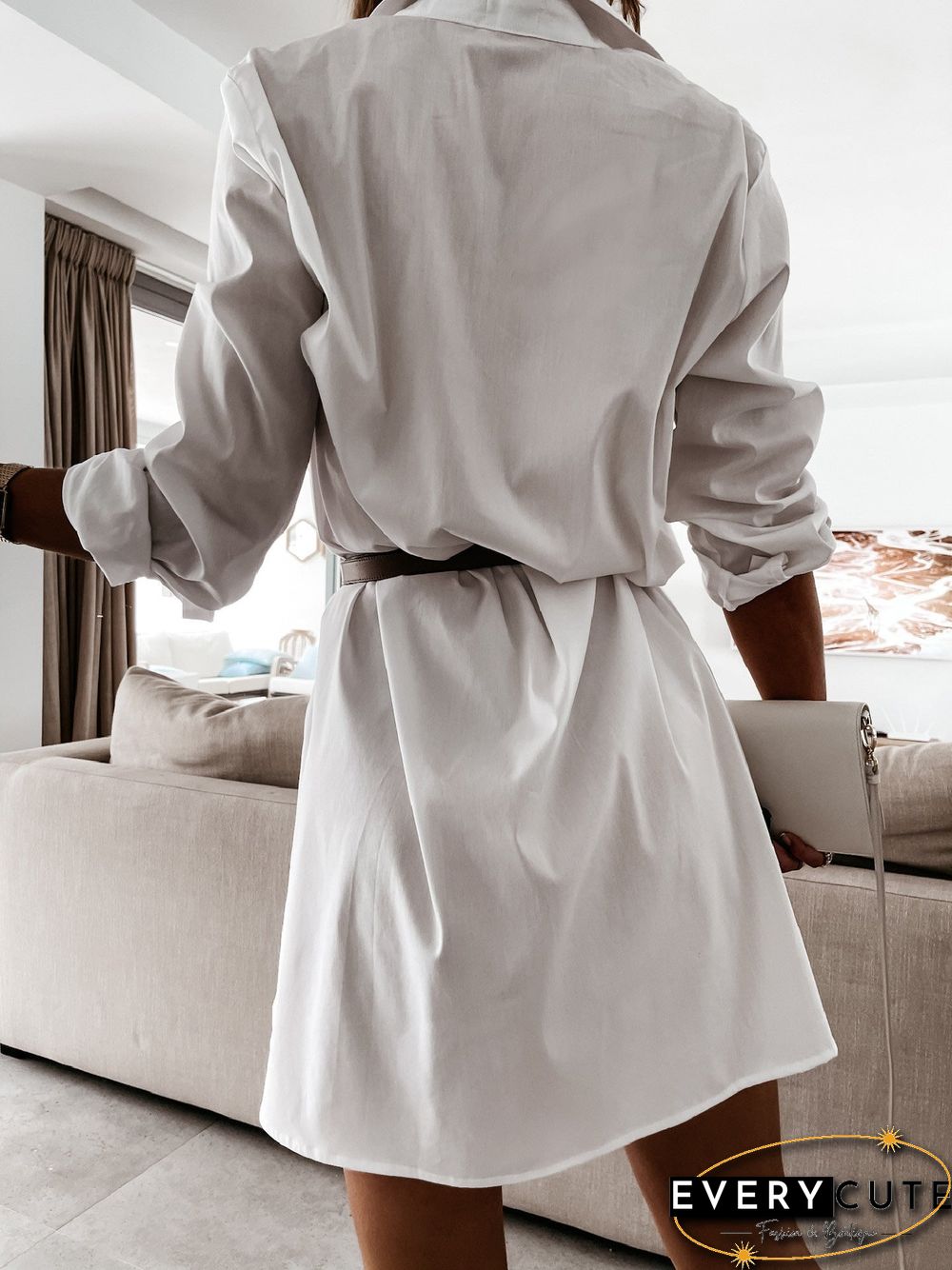 Women'S Dresses Solid Long Sleeve Slit Shirt Dress