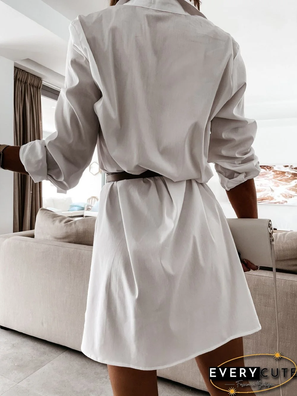 Women'S Dresses Solid Long Sleeve Slit Shirt Dress