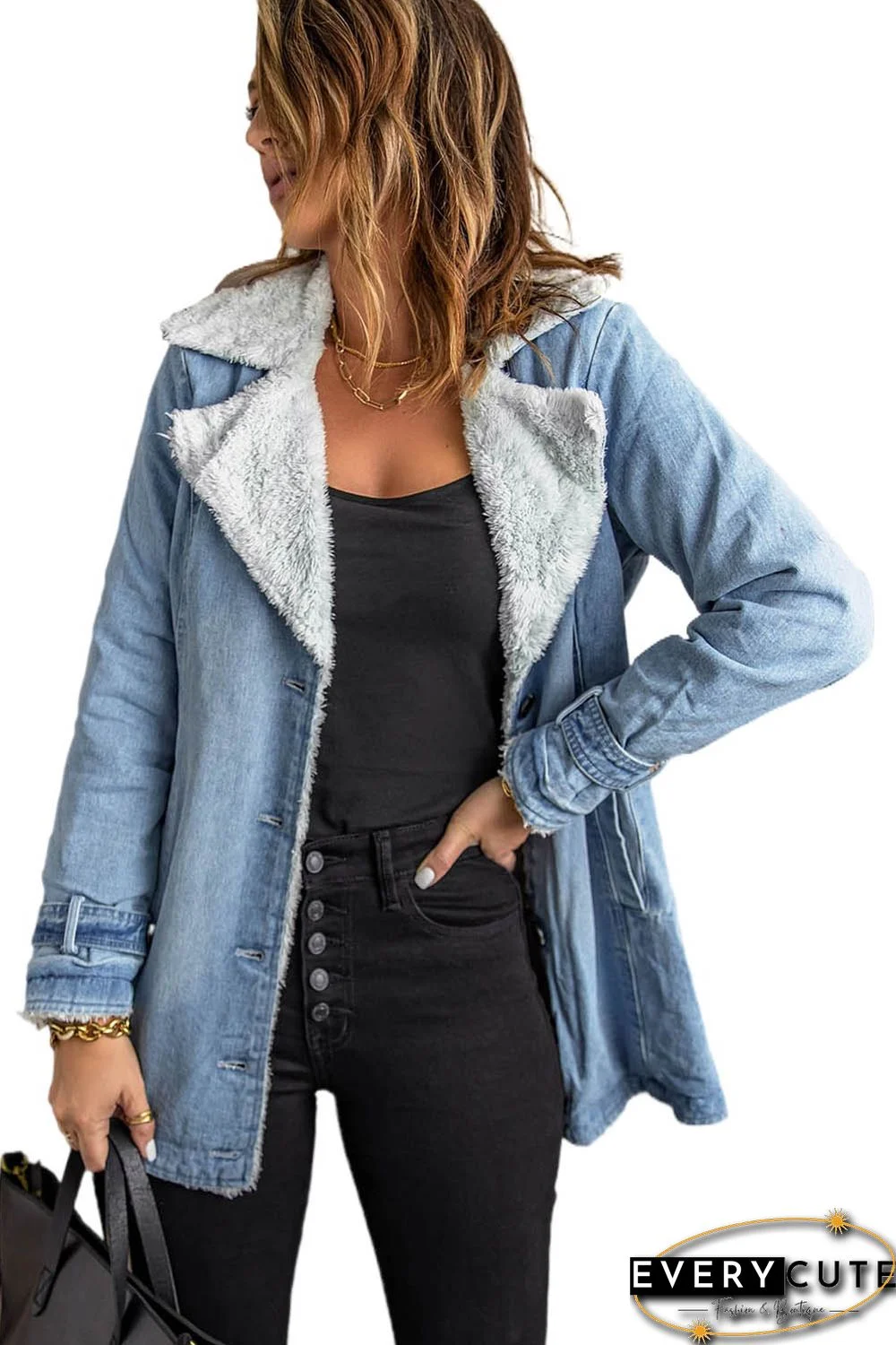 Sky Blue Lapel Collar Button Fleece Jacket