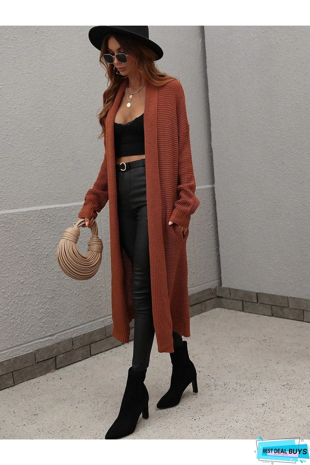 Waffle Knit Open Front Duster Cardigan With Pockets