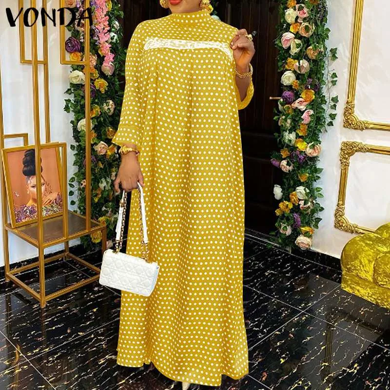 Bohemian Long Maxi Dress Women Casual Long Sleeve Vestidos 2022 VONDA Vintage Polka Dot Lace Pleated Robes Longue Sundress