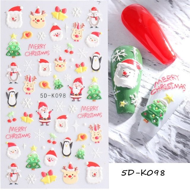 Nail Stickers Embossed 5D Color Christmas Snowflake Snowman Bird Gift Decals Decoration Tips For Beauty Salons