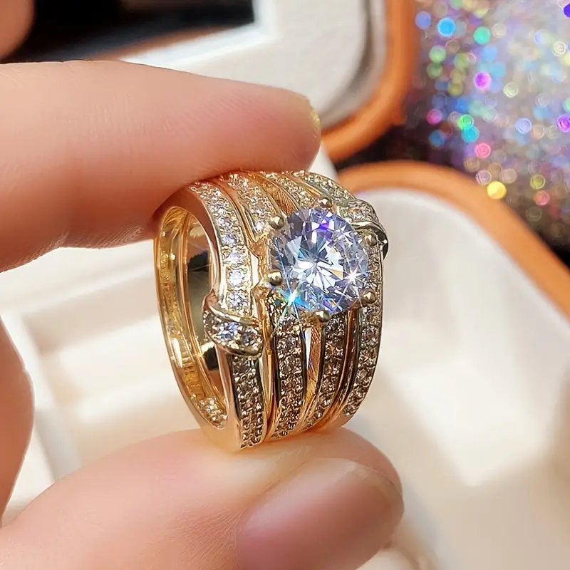 plated round zircon set ring fashion luxury engagement wedding jewelry for women ring set 3pcs details 0