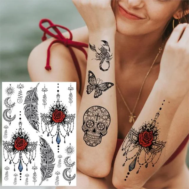 REJASKI Black Henna Lace Temporary Tattoos Sticker For WOmen Butterfly Moth Mehndi Flower Fake Tatoo Sticker Feather Flora Tatoo