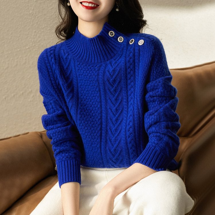 Blue Long Sleeve Buttoned Casual Sweater