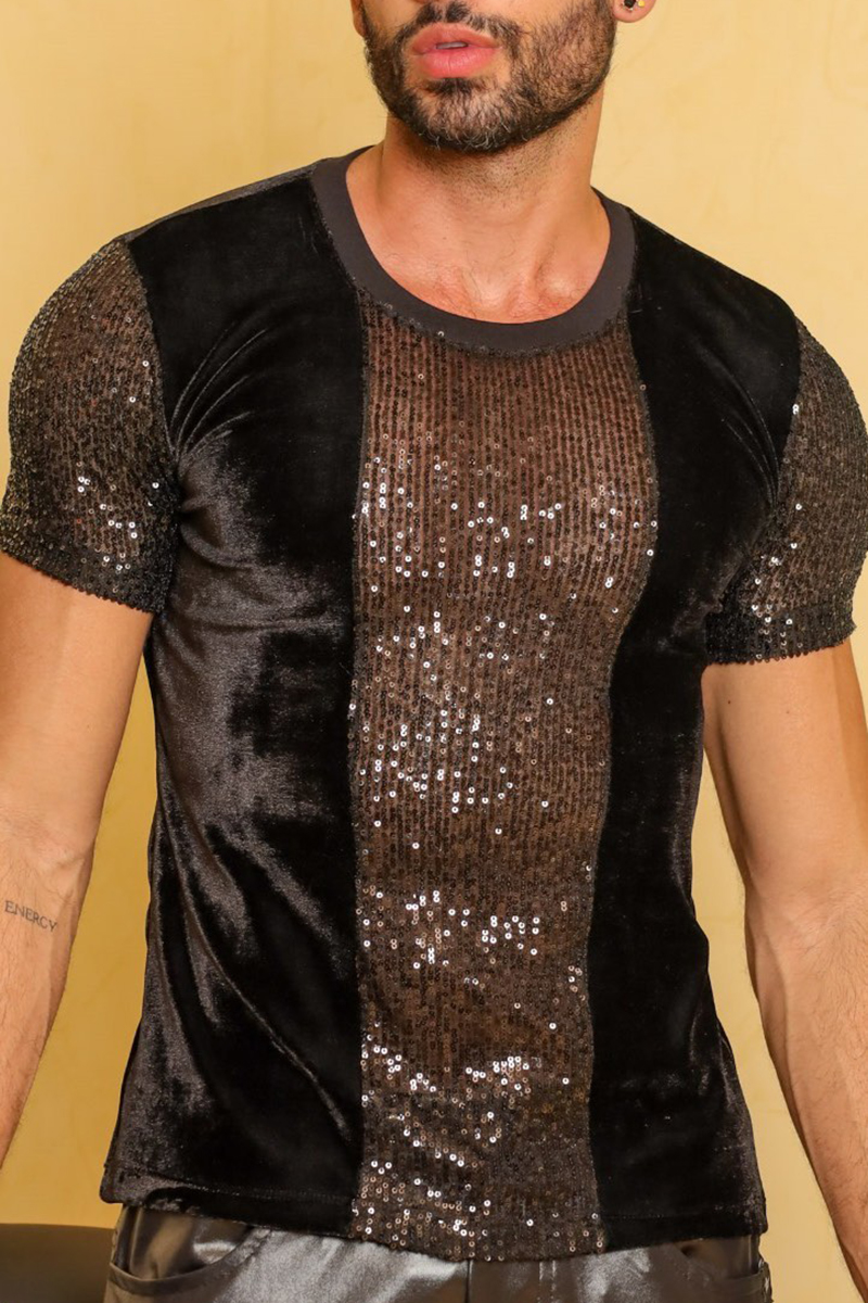 Men's Sequin Velvet Patchwork Round Neck Slim Fit Top