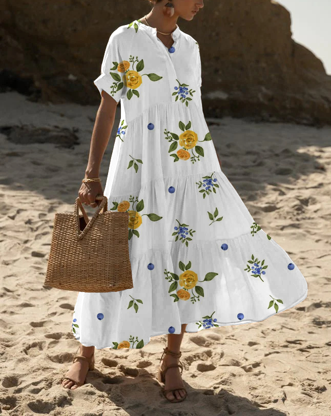 Women's Short Sleeve Beach Resort Style Printed Dress Large Hem Long Skirt socialshop